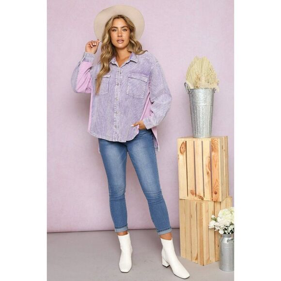 Peach Love Pink Lilac Corduroy Shacket High Low Contrast Button Up IJ34351-01 - Picture 2 of 5